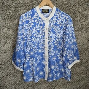 Bob Mackie Top Womens Medium Blue Wearable Art Linen Blend Snap‎ Button Blouse
